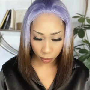 PERRUQUE CHEVEUX HUMAINS Bob Closure 4x4 longueur 12 pouces en dégradé bleu violet et marron café